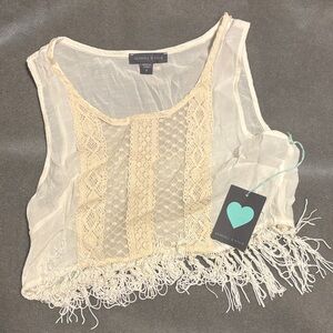 NWT Kendall & Kylie Sheer Ivory Lace Fringe Crop Top